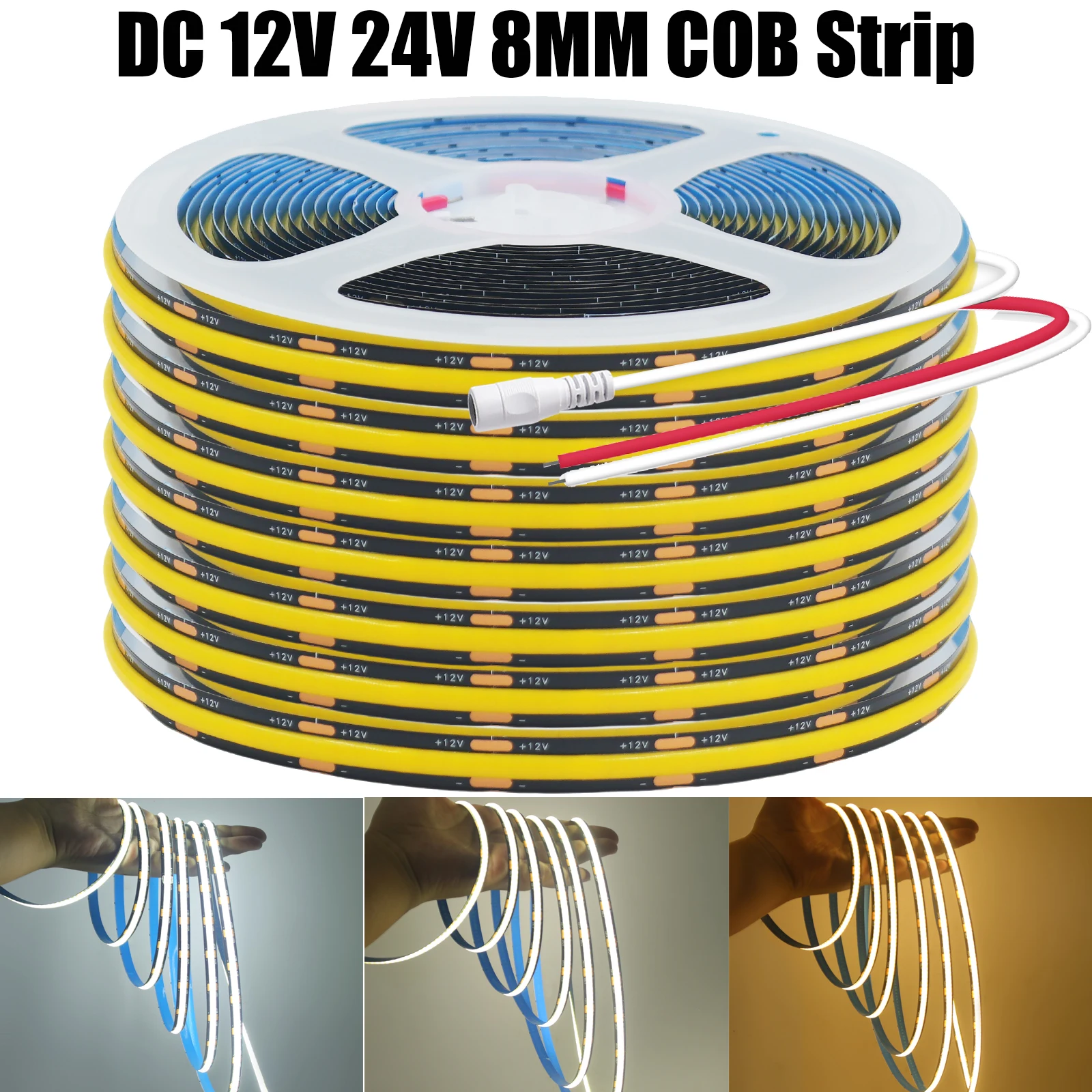 

8 мм COB Светодиодная лента Черная печатная плата DC 12 В 24 В Гибкая светодиодная лента 320 светодиодов Линейное освещение высокой плотности Веревочный светильник 0,5-20 м