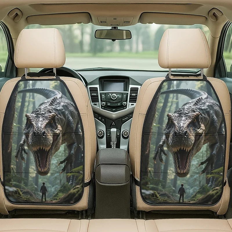 Car Seat Back Covers With Storage Pockets, Ferocious T-Rex Dinosaur Print For Car Interior Protection