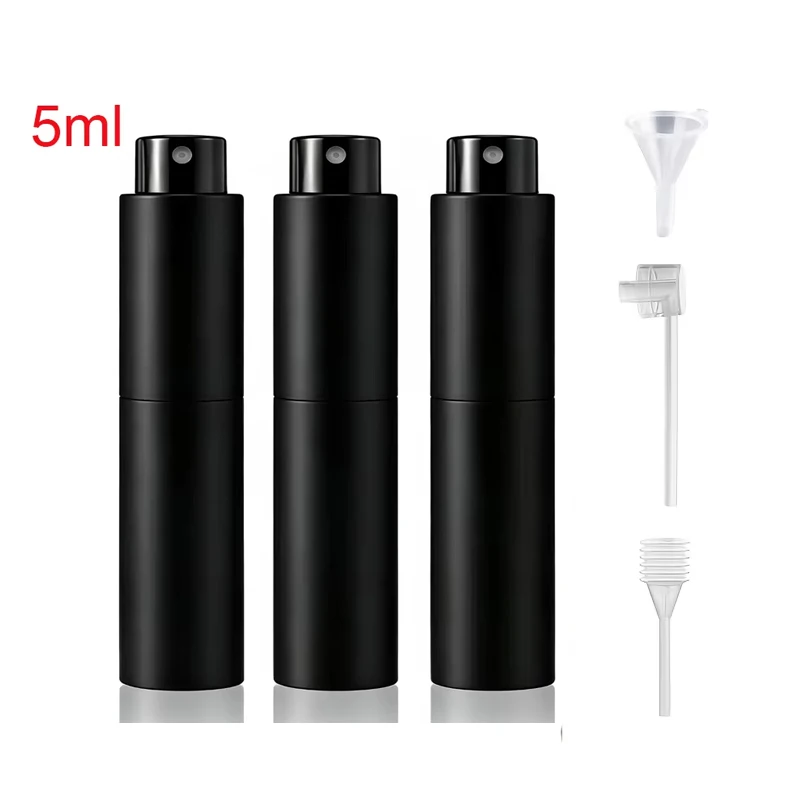5ml 3er-Pack Reise-Parfümzerstäuber, tragbarer Kölnischwasser-Sprüher mit feinem Nebel, drehbarer Düse, Trichter und Tropfer, Schwarz – Detail 1