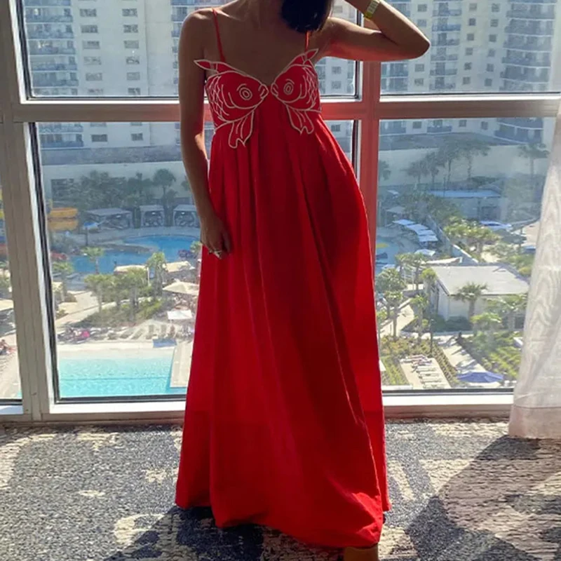여성 잉어 롱 캐미 드레스 Y2k 자수 스파게티 스트랩 플로위 맥시 드레스 여름 휴가 비치 V넥 백리스 선드레스