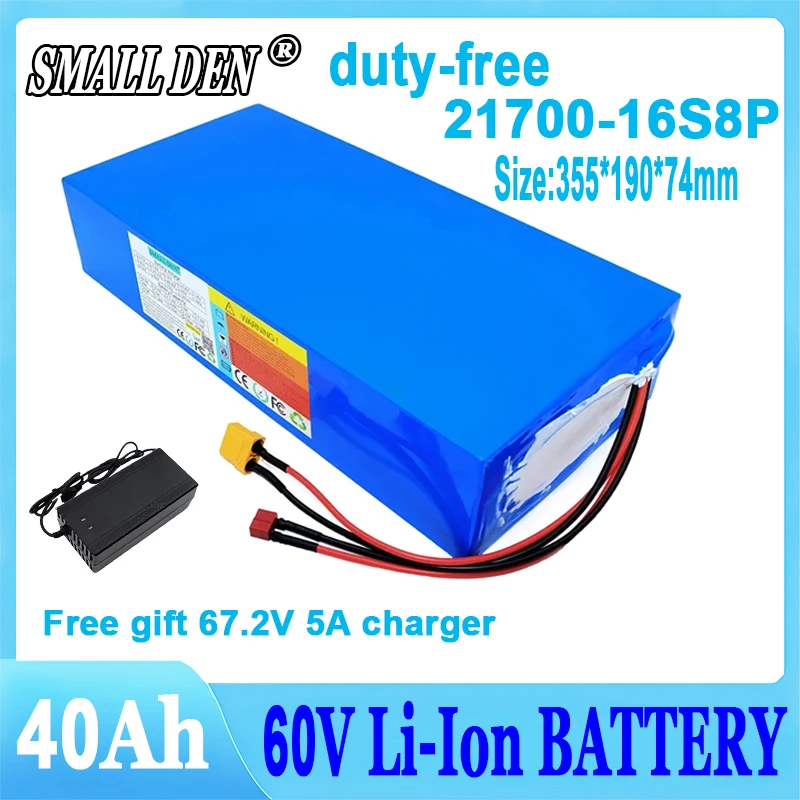 New 60V 40Ah lithium battery pack 21700 16S8P 0-3000W high-power electric vehicle scooter motorcycle tricycle + 67.2V 5A charger