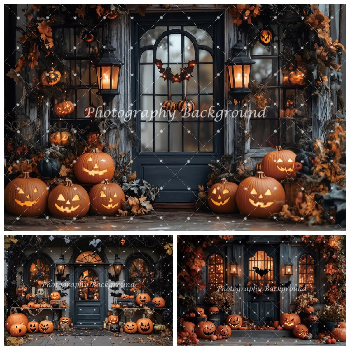 Haunted Autumn Cabin Backdrop Wooden House Pumpkins Maple Leaves Spooky Halloween Party Photography Background Portrait Decor