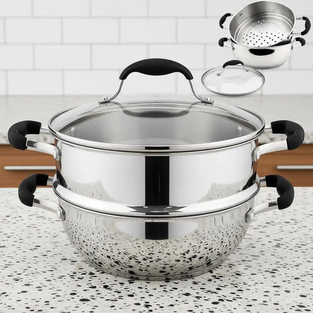 

18/10 Stainless Steel Steamer Cooking Pot & Pan Set with Glass Lid, Induction