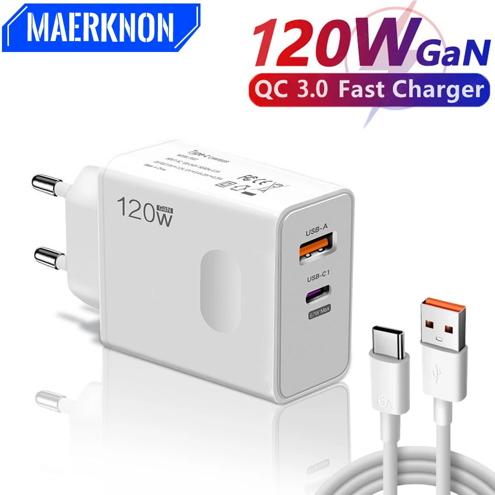 Total 120W GaN USB Charger Fast Charging EU/US Plug Wall Charger 6A Type C Cable For iPhone Samsung Xiaomi Quick Phone Charger