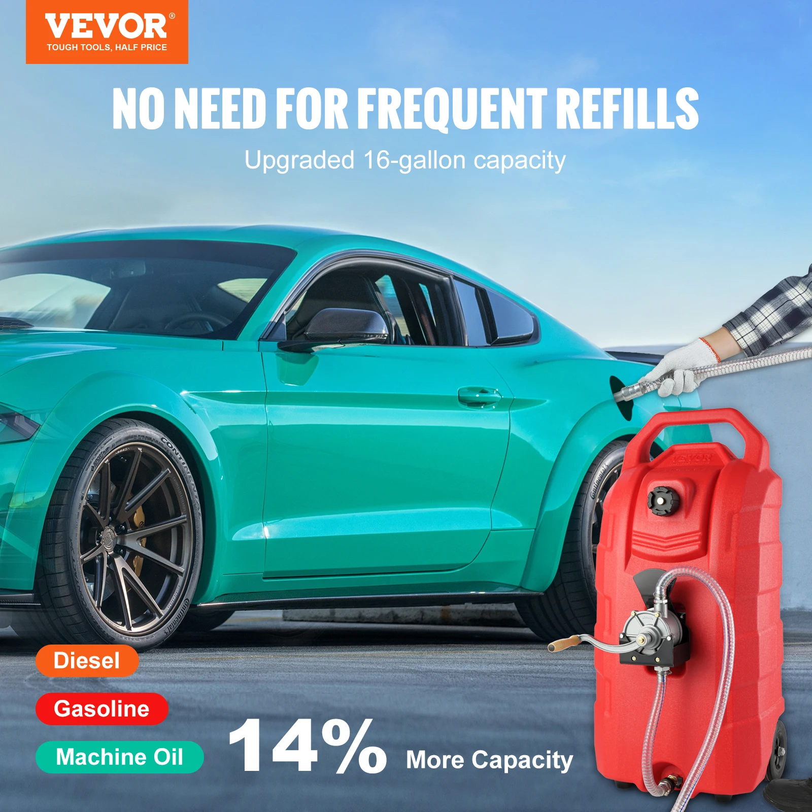 VEVOR 16 Gal Fuel Caddy, 7.8 L/min, Portable Gas Storage Tank Container with Hand Pump Rubber Wheels, Fuel Transfer Storage Tank