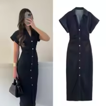 ETJ 2025 Spring New 1975 series denim MIDI dress with lapel side zipper fashion wrinkle waist slim elegant dress