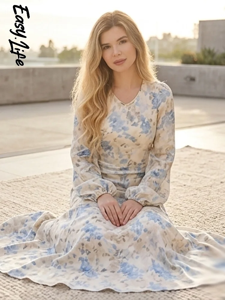 

Blue Printed Satin V-neck Back Lace Up Women Maxi Dress Long Sleeve Waist Cinching Mermaid Hem Vestido 2026 Lady Party Robes New