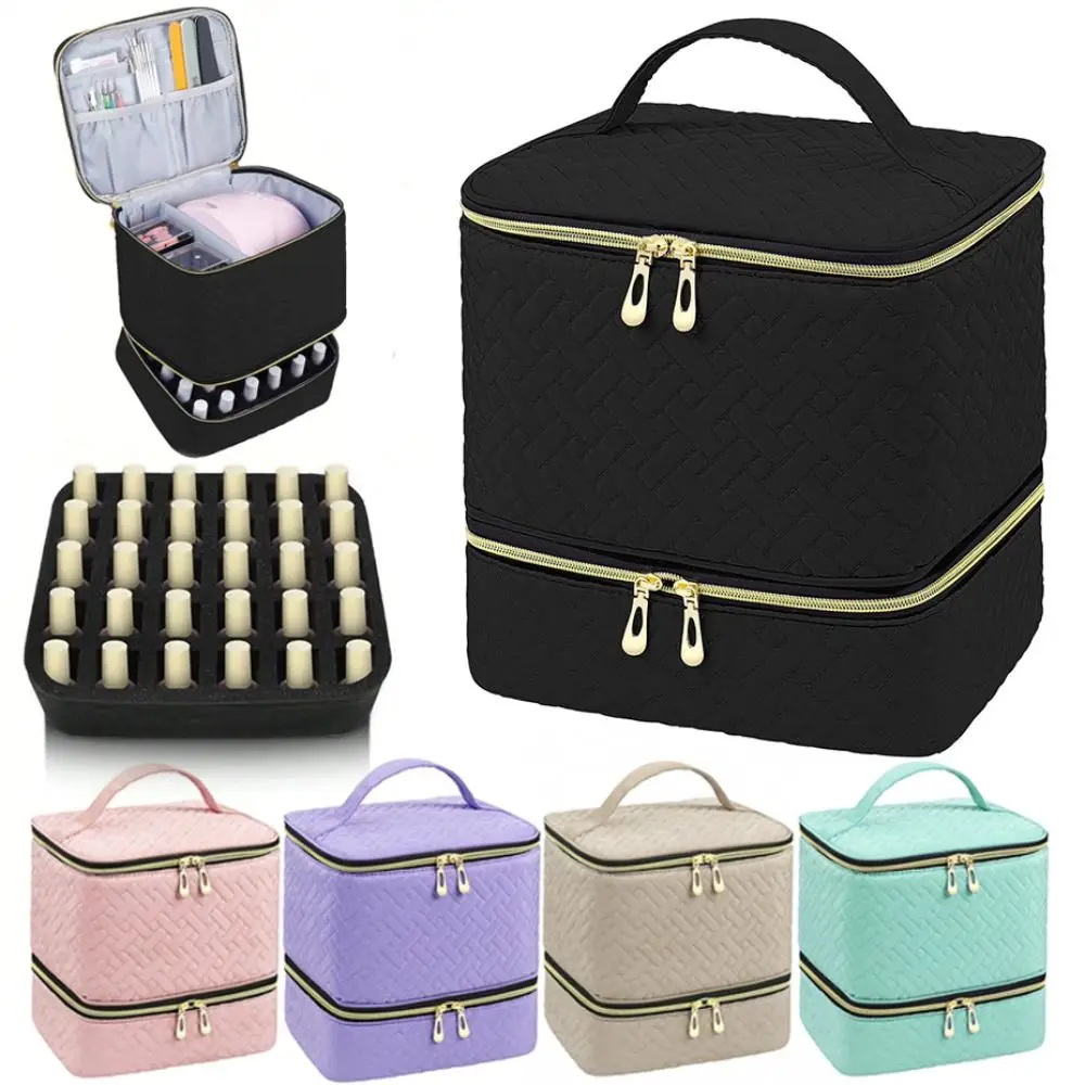 Double Layer Nail Polish Organizer Bag Large Capacity Handheld Nail Care Kit Bag 30 Compartment Cosmetic Bag for Nail Lovers