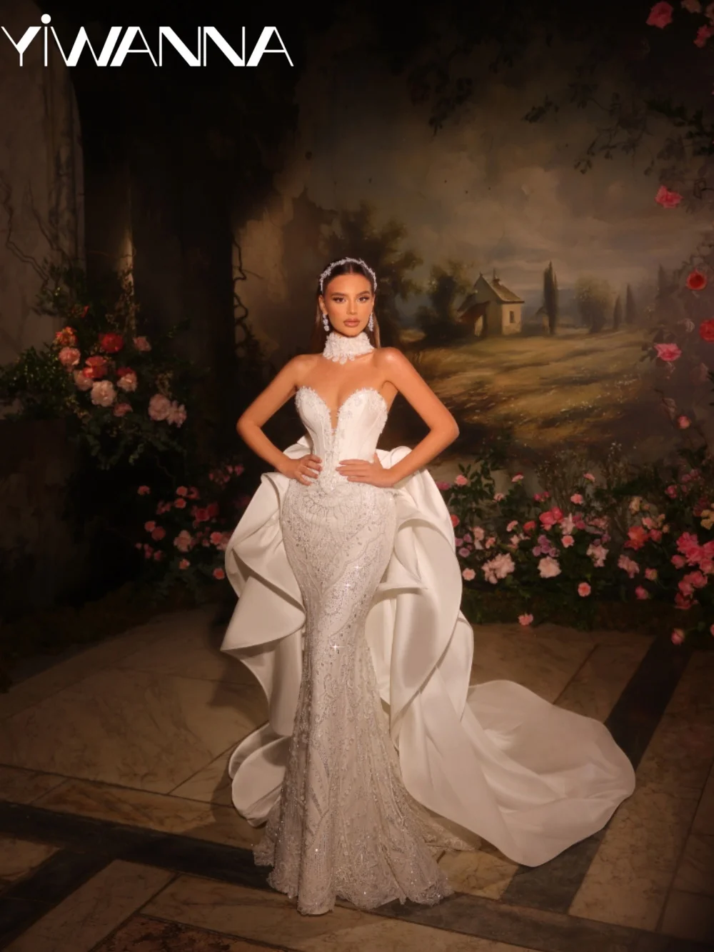 

New Embroidery Beaded Lace Wedding Dress Ruffled Detachable Satin Train Bridal Gown Customized Dreamy Mermaid Dresses For Bride