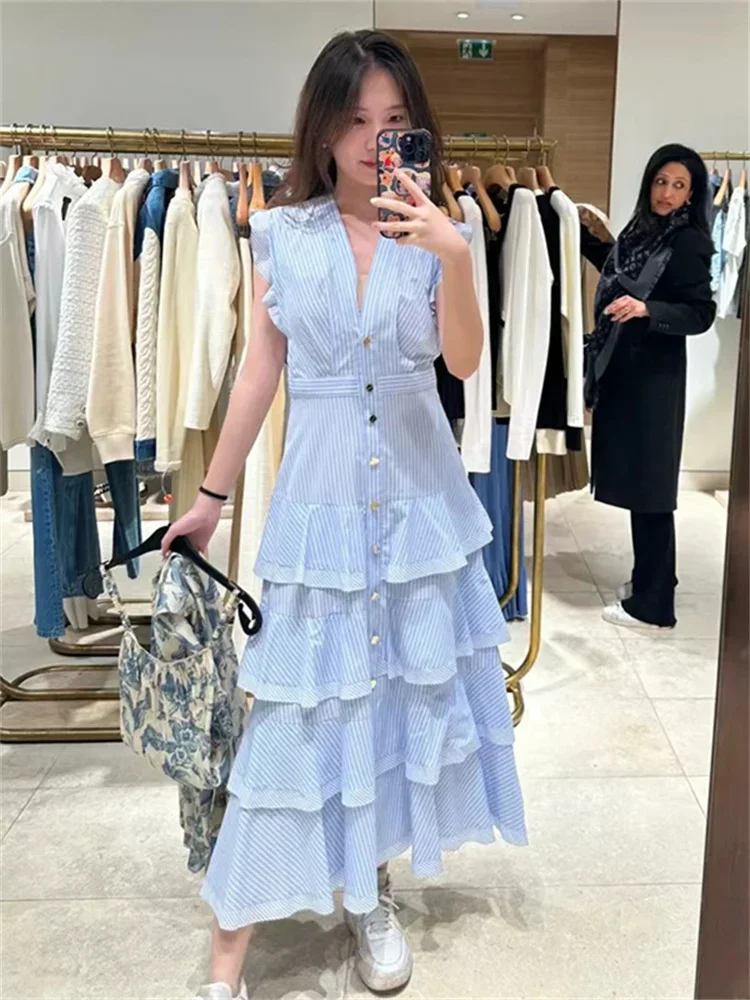 

Women Stripes Sleeveless Midi Dress Ruffles Splice Single Breasted V-neck Female Summer 2024 A-line Robe