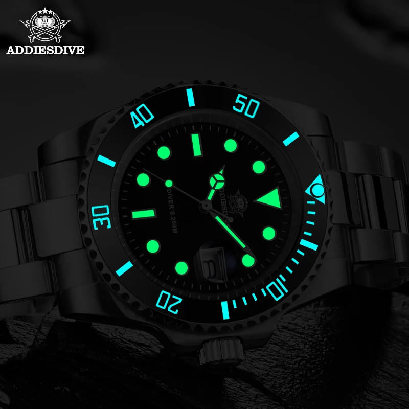 ADDIESDIVE Stainless Steel Dive Mens Watches Luminous Mens Quartz Watch Ceramic Bezel Analog Watches 200m Waterproof Calendar