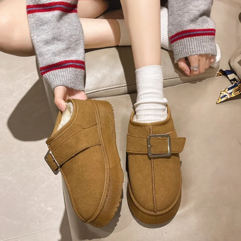 Women's Winter Comfortable Shallow Wool Lined One-foot Short Snow Boots Warm 2025 New Round Head Mule Half-slip Cotton Shoes 43