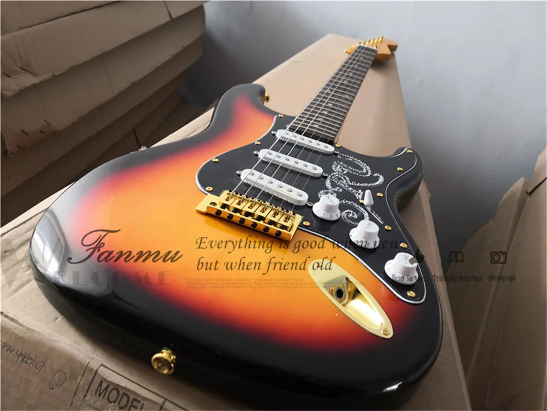 sunburst electric guitar sta body yellow neck rosewood fingerboard white pickups black guard fold tunerscustom guitar