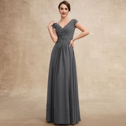 2022 New Elegant Chiffon Mother of the Bride Dresses Short Sleeve Sequined Appliques Lace Long Formal Wedding Party Guest Gown