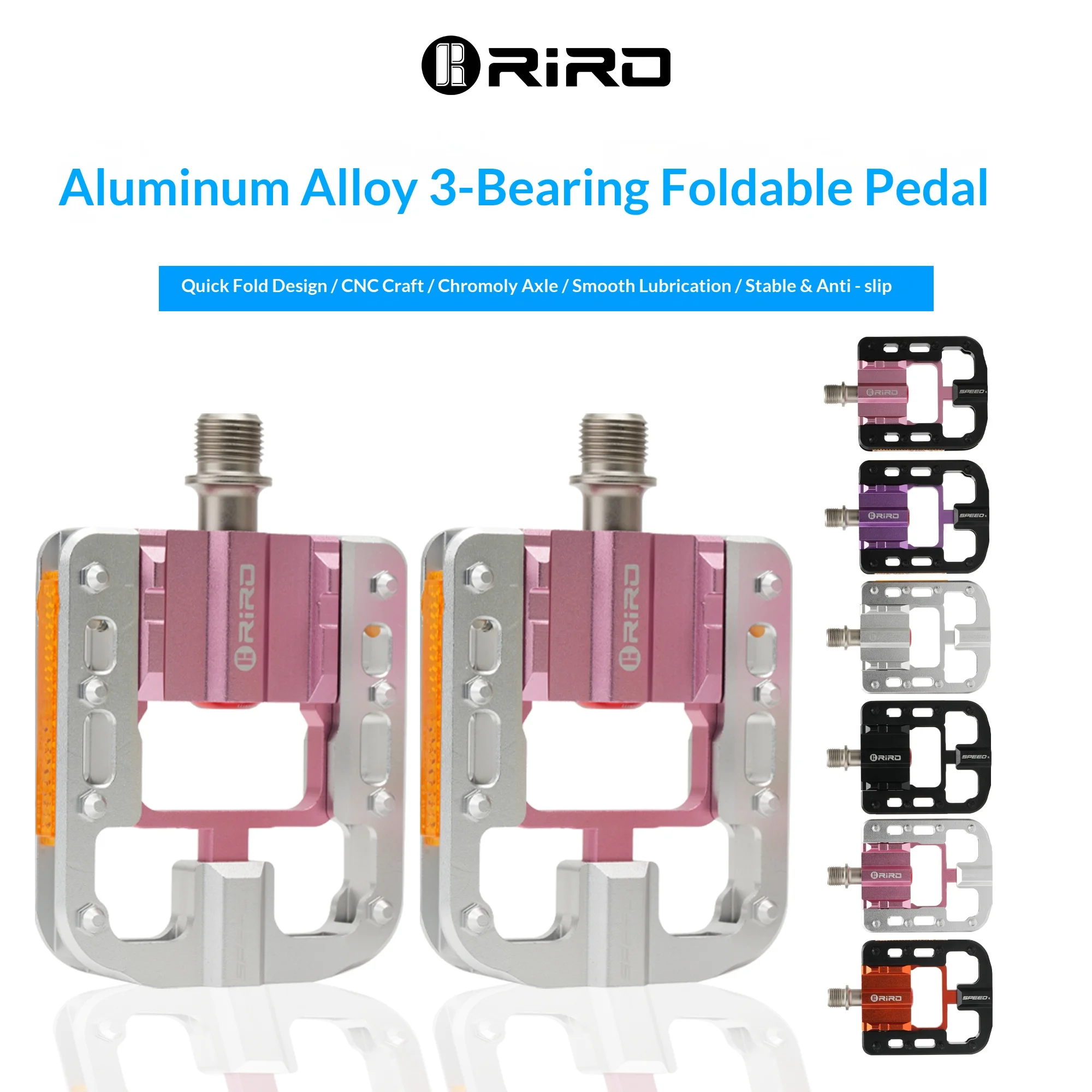 RIRO Faltbare Fahrradpedale, 3 Lager, Aluminiumlegierung, rutschfest, reflektierend, schnell faltbar, 9/16 Zoll, universell für MTB-Straßenteile
