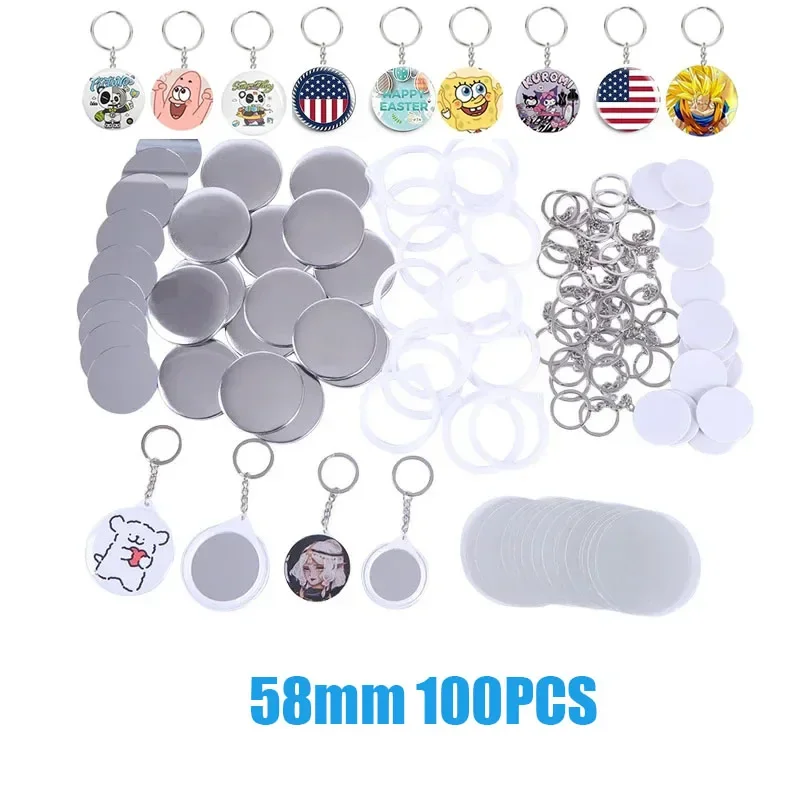 Forniture per la creazione di bottoni vuoti Kit distintivo per bottoni in metallo per creatore di bottoni Conchiglie in metallo Copertura posteriore Pellicola trasparente 100 pezzi 58 mm