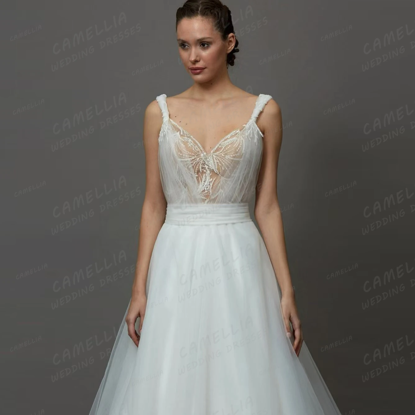 Vestidos de casamento feminino princesa apliques, uma linha, querida, sexy, sem mangas, cintas de espaguete, vestidos de noiva, tule, novia