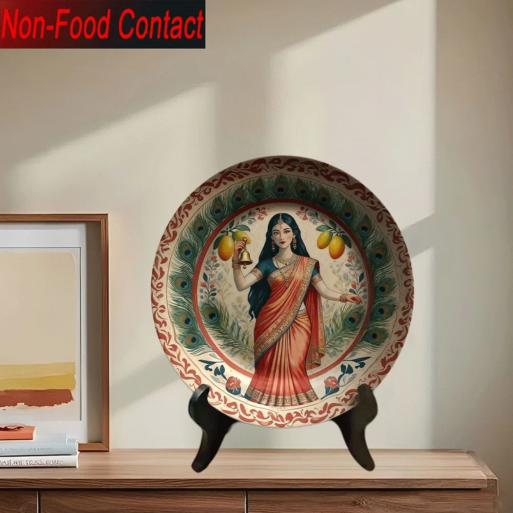 2D 1pc Ceramic Decorative Plate, Indian Style Peacock Goddess Design, Non-Consumable Pure Decorative, Home Tabletop Art