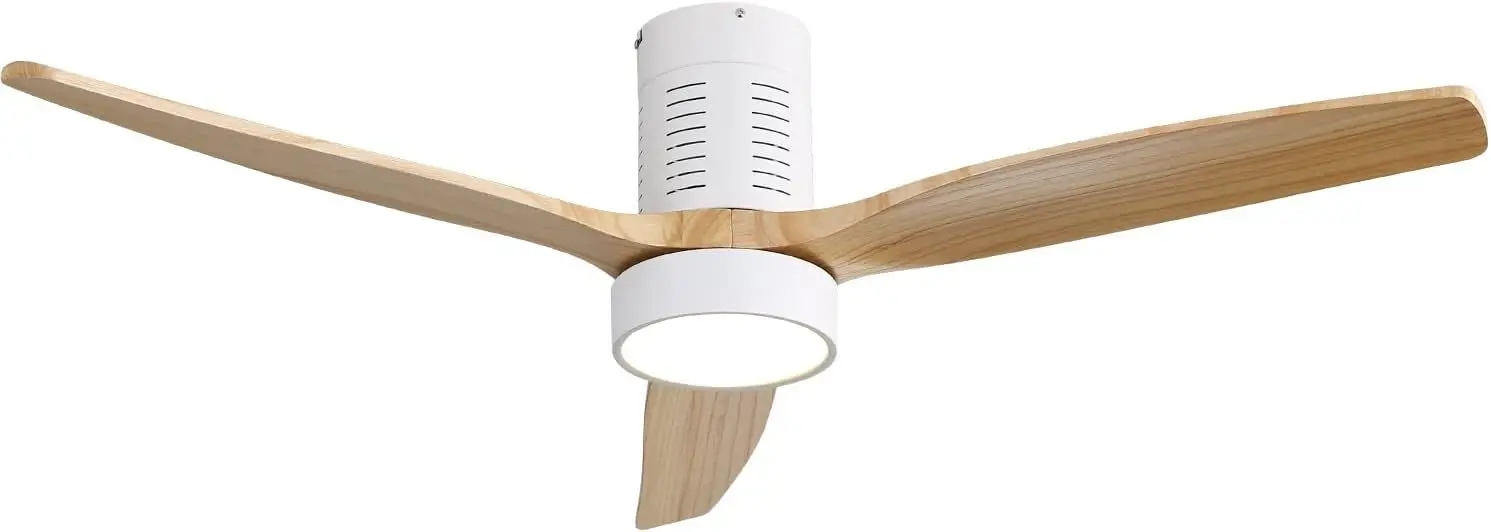 

52 Inch Indoor Flush Mount Ceiling Fan With 3 Solid Wood Blades Remote Control Reversible DC Motor With Led Light