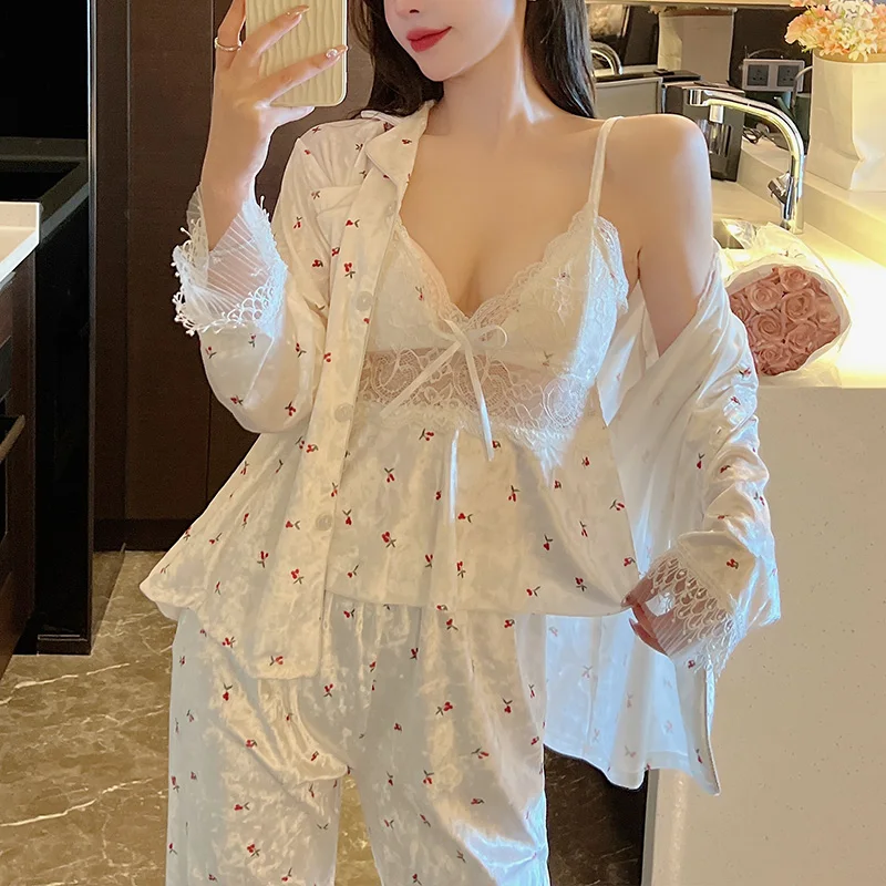 花柄シルクベルベットパジャマセット女性用セクシーなストラップ長袖パンツホーム服春秋冬膝丈