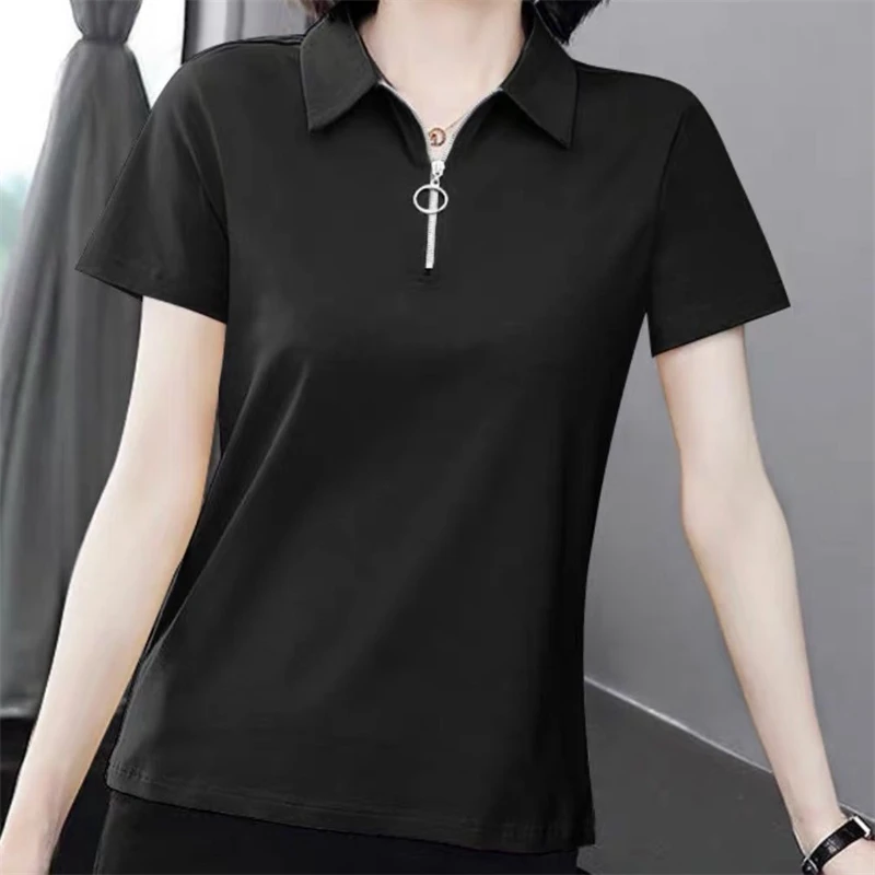 Women Simple Casual Half Zipper Tees Solid Loose Polo Collar T-shirt 2024 Summer Korean Short Sleeve Pullover Tops Ropa De Mujer