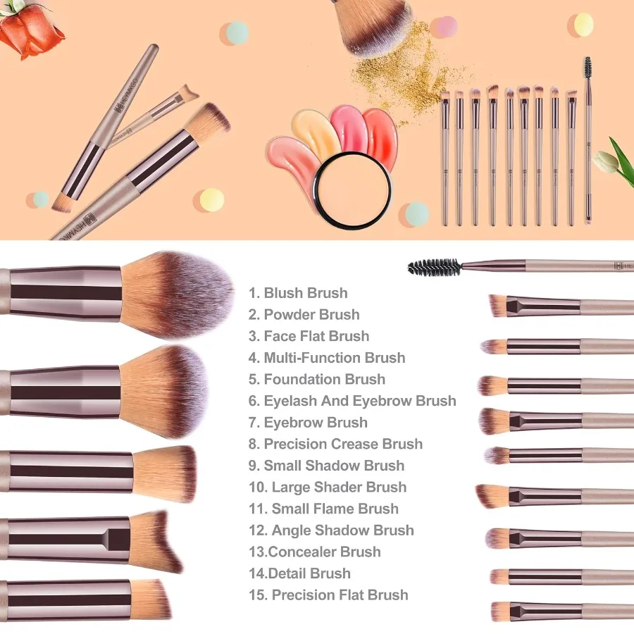 Juego de brochas de maquillaje profesional, 15 Uds., color champán dorado, para mezclar bases, colorete en polvo, corrector y aplicación de maquillaje de ojos