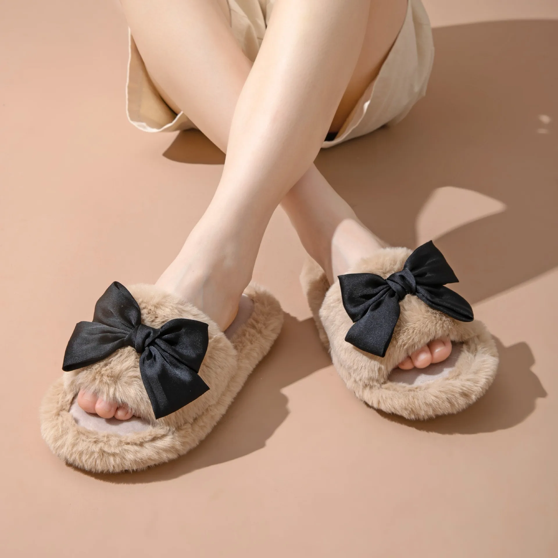 Ribbon Bow Women Home Slippers 2024 Autumn Winter Plush Solid Female Flat Slippers Soft Sole Non Slip Floor Lady Indoor Shoes