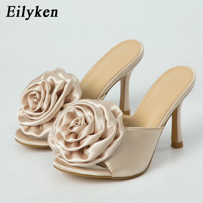 Eilyken nowy styl satynowe kwiaty damskie kapcie 2024 projekt muลy slajdy buty damskie szpilki Stiletto letnie klapki