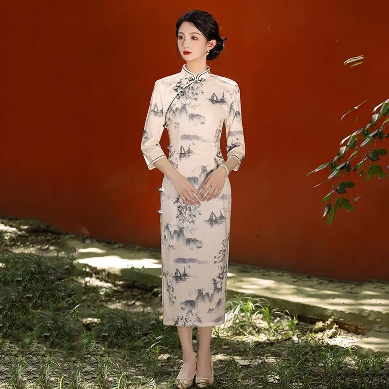 

Длинное стильное улучшенное платье Cheongsam с принтом на весну и осень, 2024, новое китайское платье Ципао с длинными рукавами в стиле ретро для молодых женщин