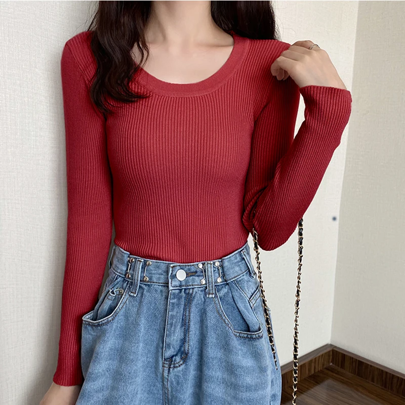 chic casual Autumn Winter Basic Sweater pullovers Women O-neck Solid Knit Slim Pullover female Long Sleeve warm Khaki Sweater