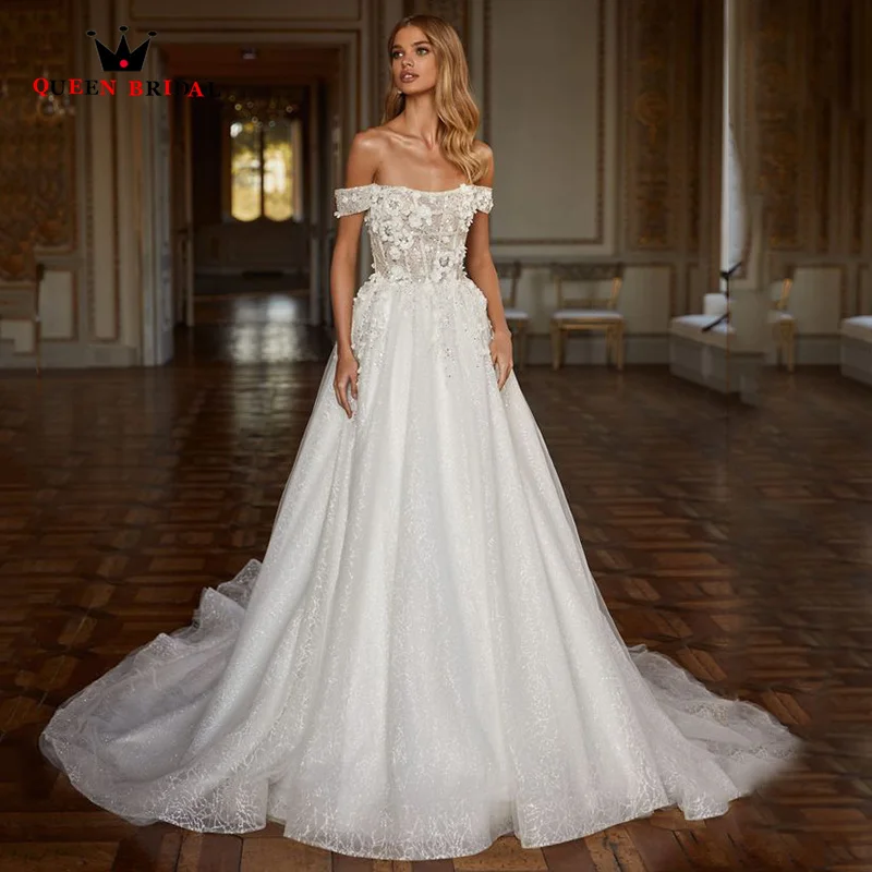 Modern A-LINE Wedding Dresses 2023 New Appliques Lace Bridal Gown Off the Shoulder Lace Up robe de mariée Custom Made RG10