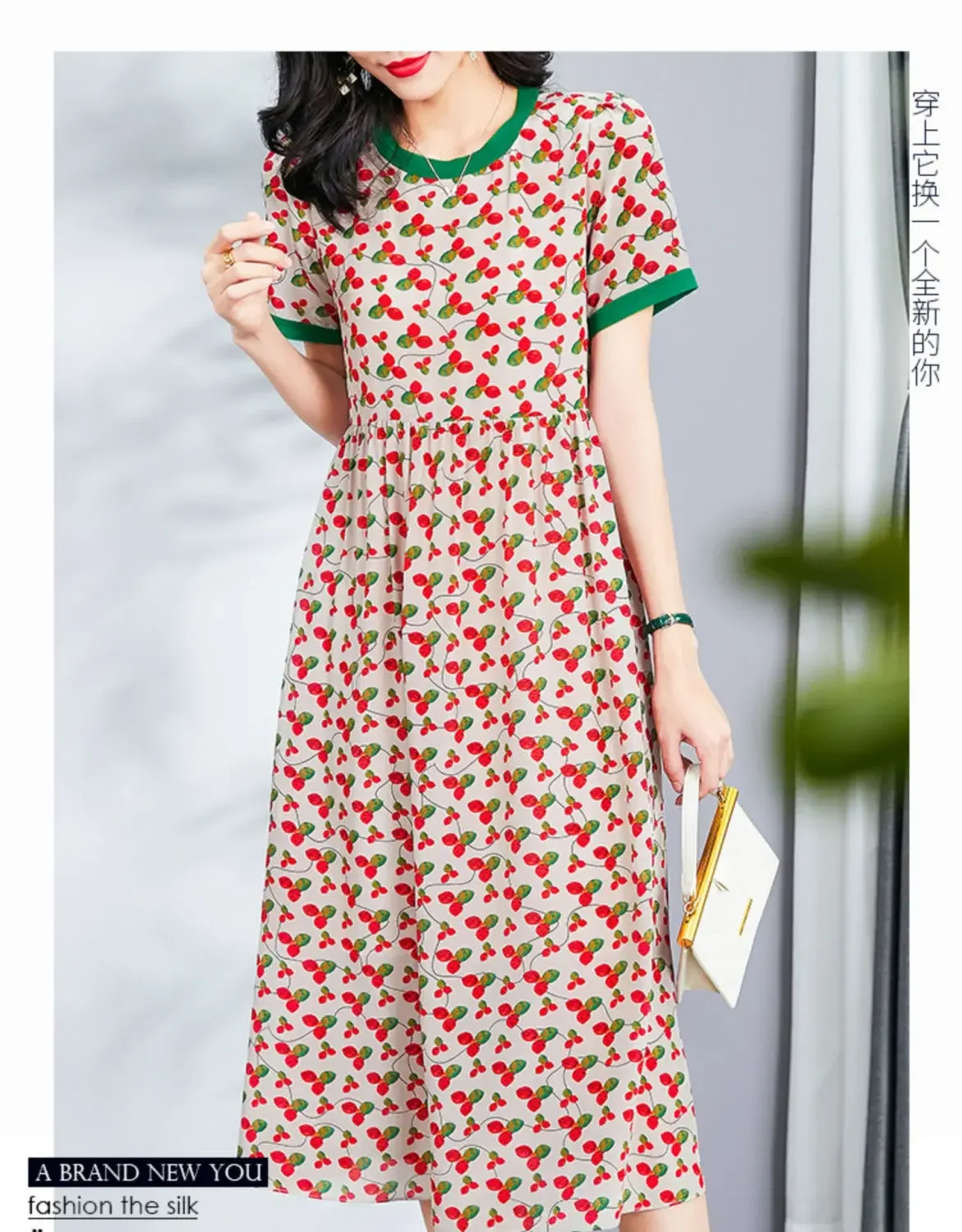 Fashion Fresh Summer New Printing Middle Age Women 2024 Loose Floral Large Size Round Neck Short Sleeved Over the Knee Dress