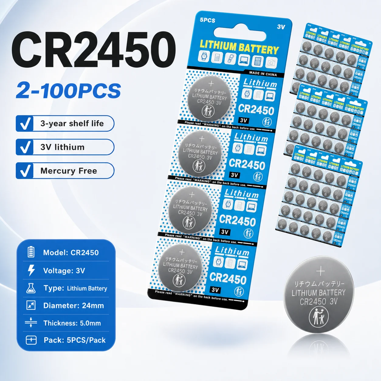 3V CR2450 BR2450 Lithium Coin Cell Battery 600mAh Button Battery for Watch, Fits 5029LC LM2450 DL2450 CR2450N