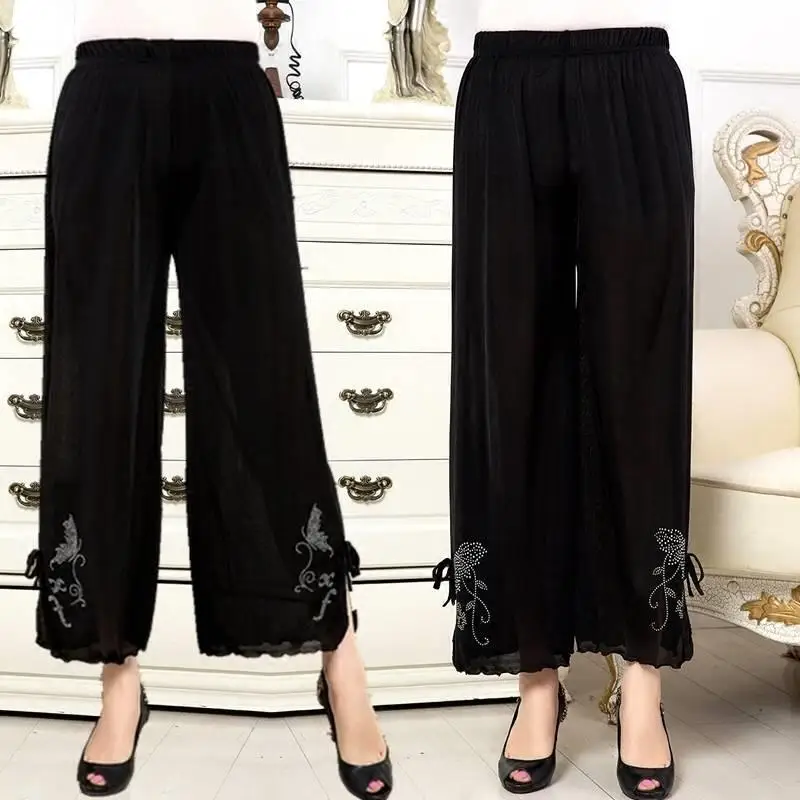 2024 Summer Elegant and High-end High Waisted Slimming Solid Color Hot Diamond Loose Oversized Casual Wide Leg Pants for Women