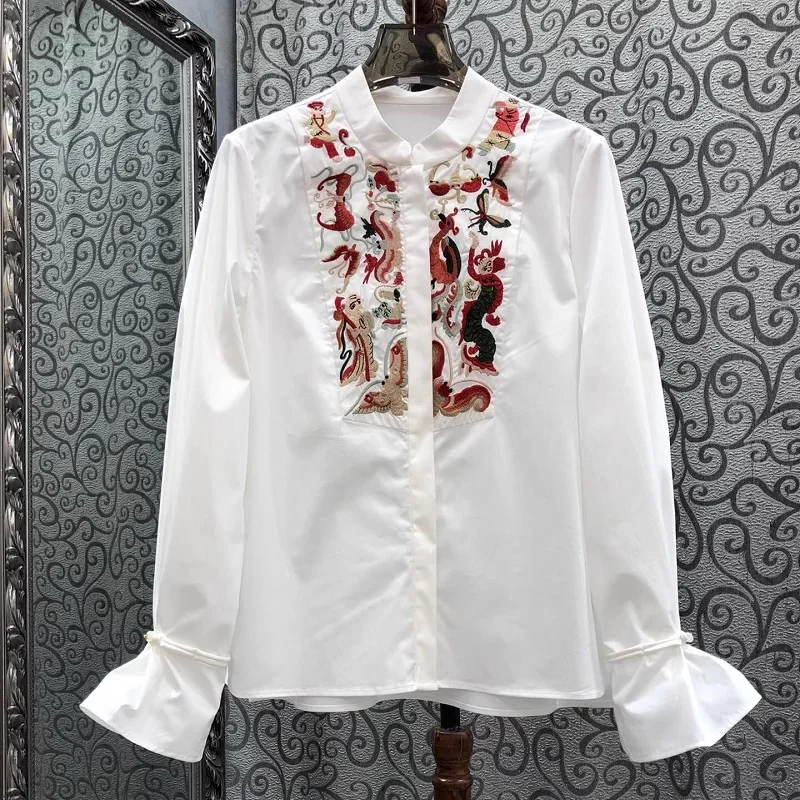 Top Quality New Cotton Shirts 2025 Spring Blouses Lady Colorful Floral Embroidery Flare Sleeve Casual White Shirts Blouses