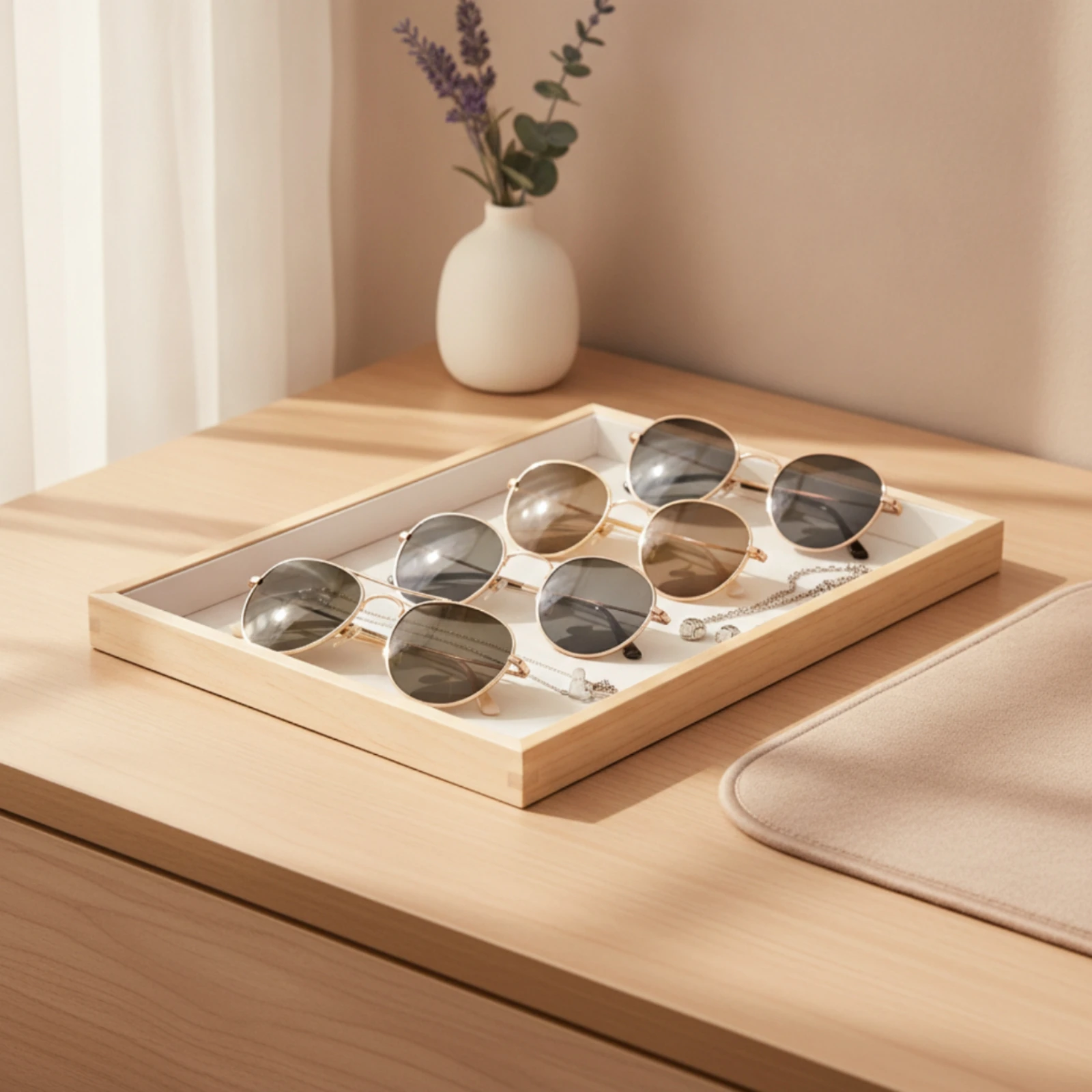 Eyewear Display Tray Rectangular Accessory Tray with Raised Rim Organizer Low-Profile Shallow for Collectors, Countertop, Vanity
