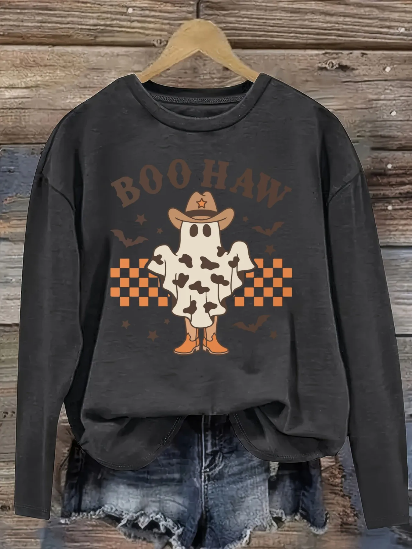 Women's Casual Long Sleeve Crew Neck T-Shirt Boo Haw Ghost Cowboy Print Design, Round Neck Women's Clothing, Machine Washable, Slightly Elastic, Loose Fit, Spring Autumn Winter Women's T-Shirt, Halloween Costume Outfit