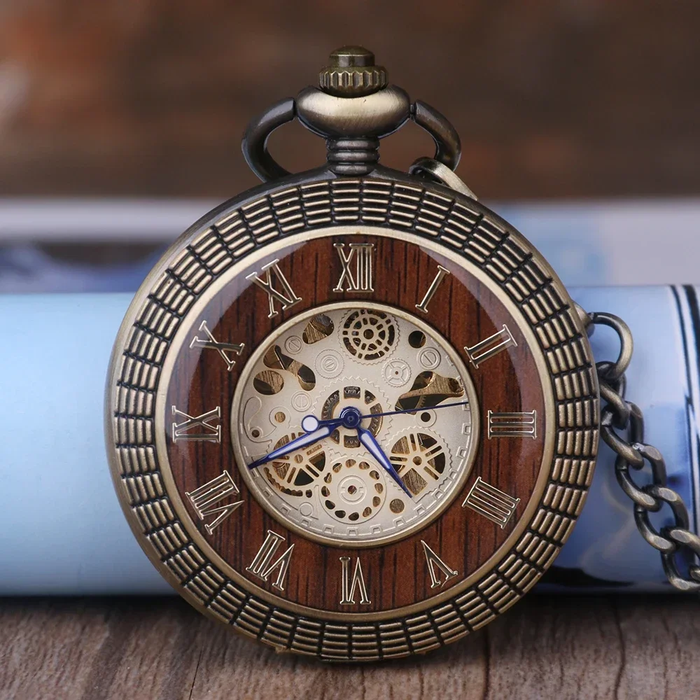 Vintage Wood Men's Mechanical Pocket Watch Roman Numerals Dial Open Face Design Antique Stylish Pendant Pocket Clock Male