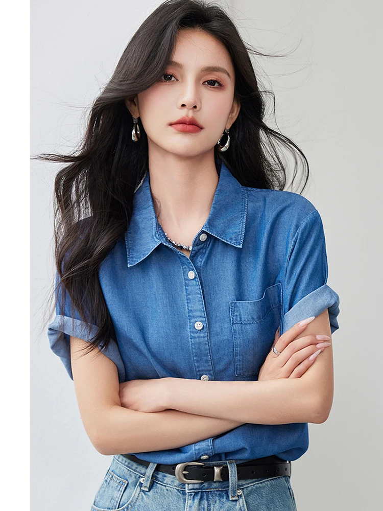 Denim Top Women Short Sleeve Button Down Shirt 2024 Summer Fashion Turn-down Collar Blouse Office Lady Vintage Jean Shirt