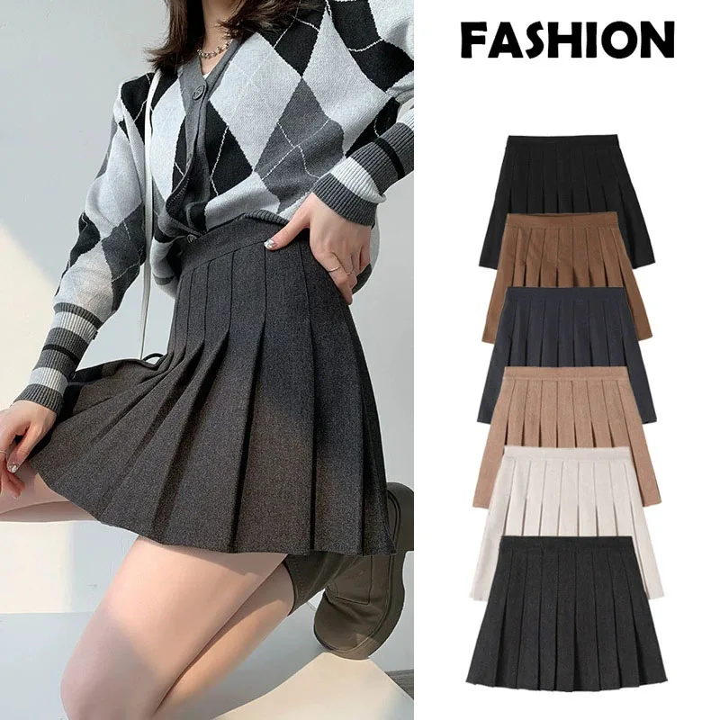 

Korean High Waist A-Line Skirts Ladies College Style Thickened Woolen Pleated Skirt Woman Solid Color All-Match Slim Mini Skirt