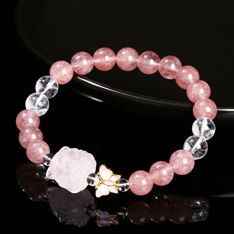 JD Natural Stone Strawberry Quartz Bead Bracelets Women Sweet Pink Quartz Carved Nine-Tailed Fox Copper Design Healing Bracelets