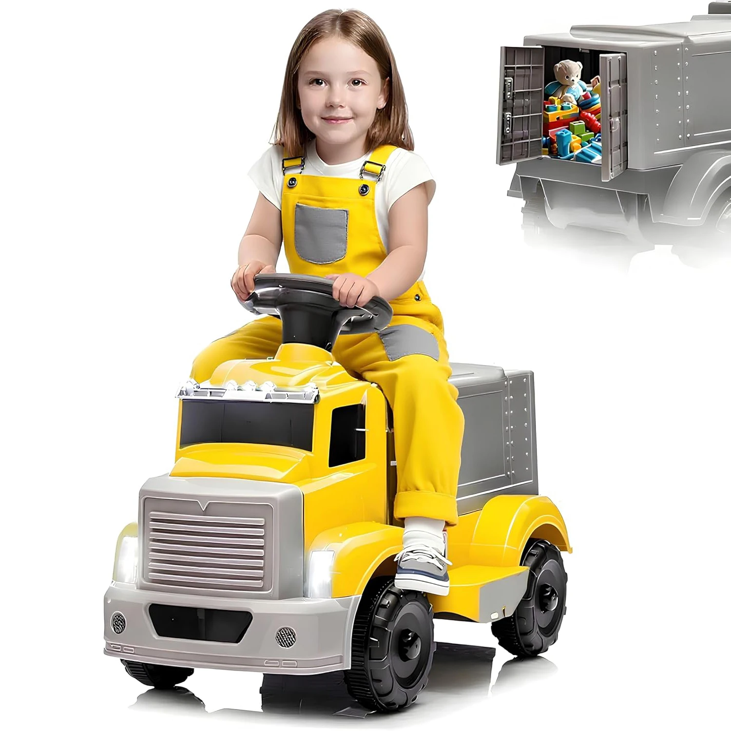 Camion électrique 6V pour tout-petits, avec rangement spacieux, musique, lumières LED, batterie Rechargeable, bouton de démarrage facile