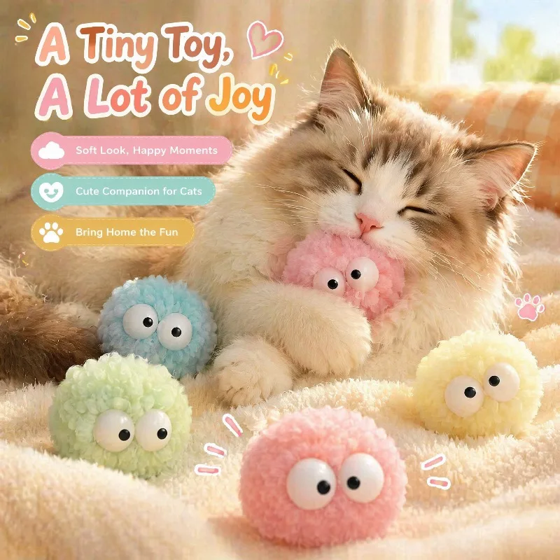4Pcs Random Interactive Big Eye Cat Hair Balls, Random Color Kitten Toy, Relieve Boredom Anxiety for Indoor & Multi-Cat Play