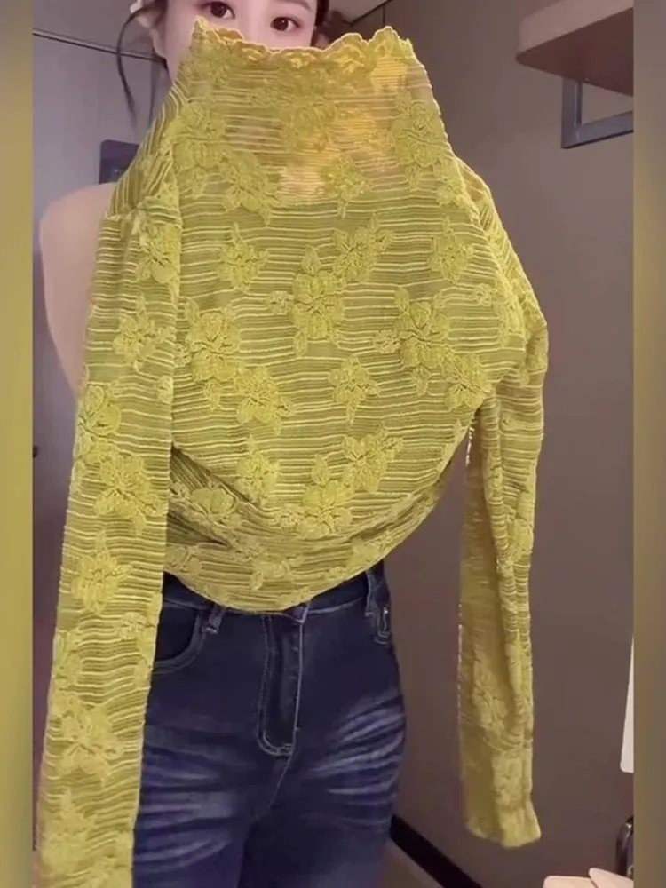 

Lace Fleece Lined Half High Collar Yellow Top Elegant Slimming Inner Wear Versatile for Winter Commute Korean Style Loose Fit