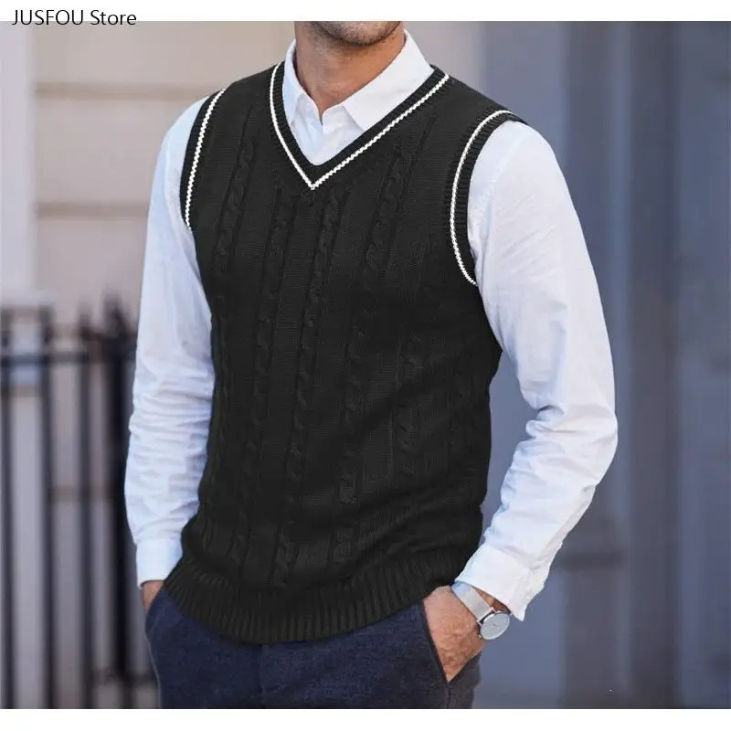 Solid Color Warm Sweater Waistcoat Casual Knitted Tank Top for Male Daily Outfit Men Autumn Winter V Neck Sleeveless Knit Vest