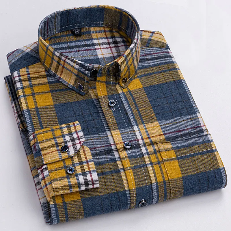 6XL Plus-size fashion classic Men\'s Light Luxury 100% cotton woolen plaid long-sleeved shirt free iron breathable spring new