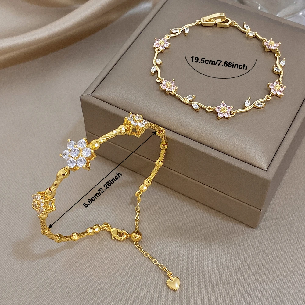 AENSOA Armband in Blattform mit rosa Blumen und weißen Zirkonia-Steinen für Damen und Herren, Charm-Armband aus Edelstahl, einzigartiges Design – Detail 7