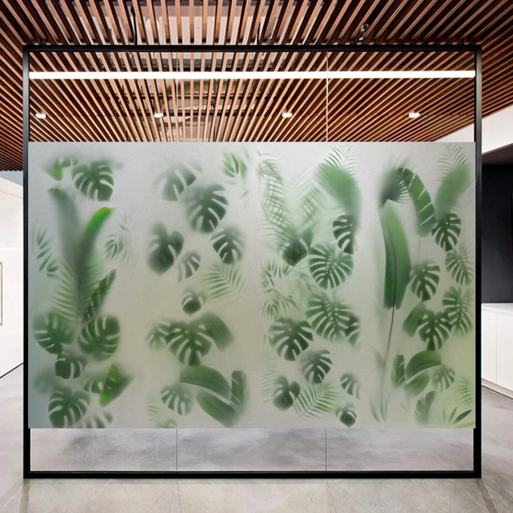 Frosted Green Plants Decorative Window Film Privacy Heat Insulation and Anti UV Blocking Static Cling Glass Sticker for Home