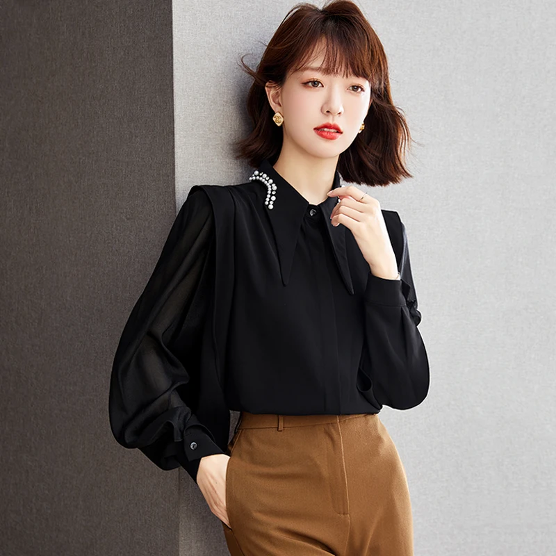 Long Sleeve Pointed Collar Beading Loose Spliced Black Button Blouse Women Tops Spring Autumn Elegant Chic Casual Blouse B1729