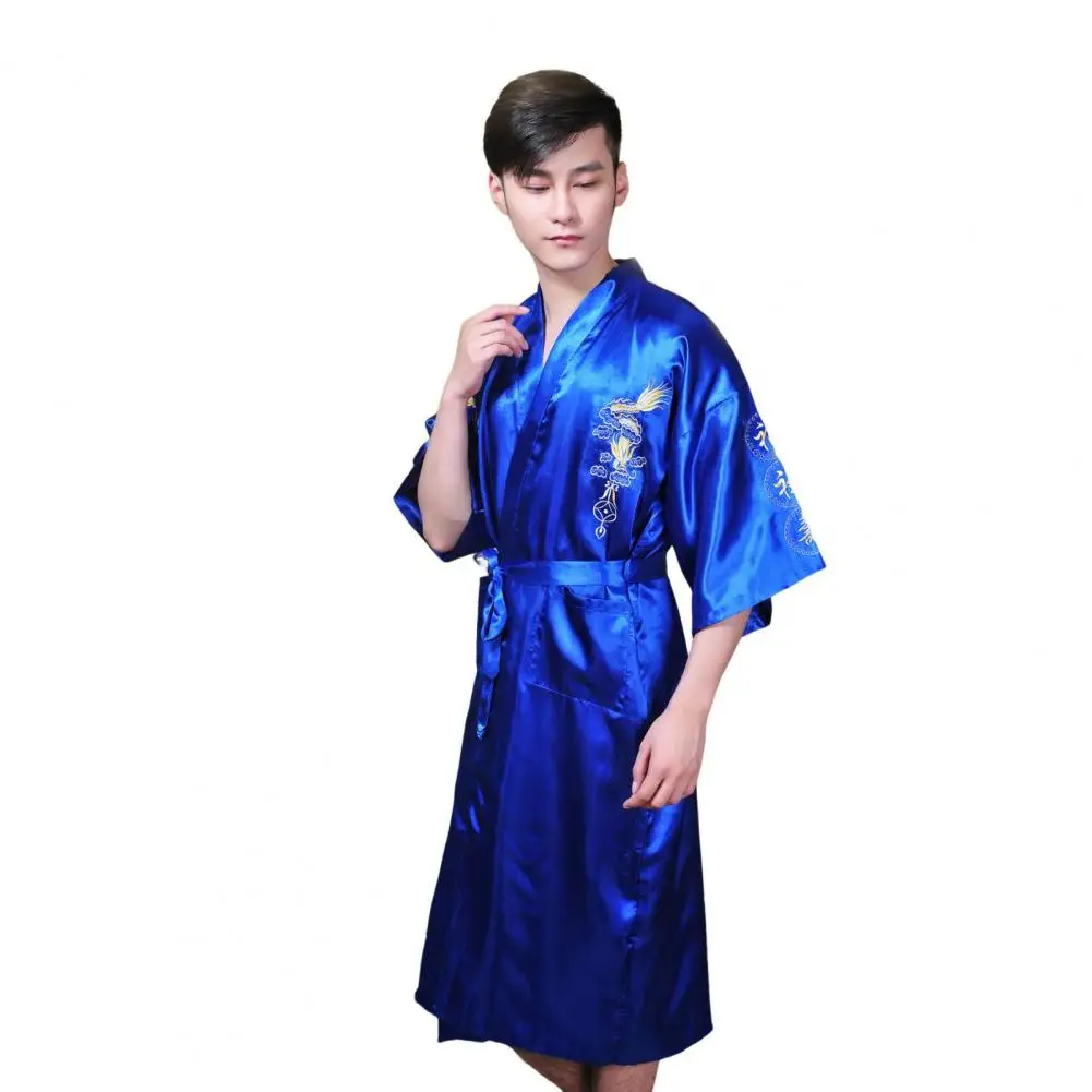 Dragon Pattern Bathrobe Cross Collar Nightgown Dragon Embroidered Men's Satin Nightgown with Chinese Style V Neck for Home